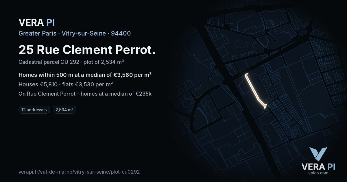 25 Rue Clement Perrot, Vitry-sur-Seine at night – the plot lit, the parcels around coloured by the prices near them