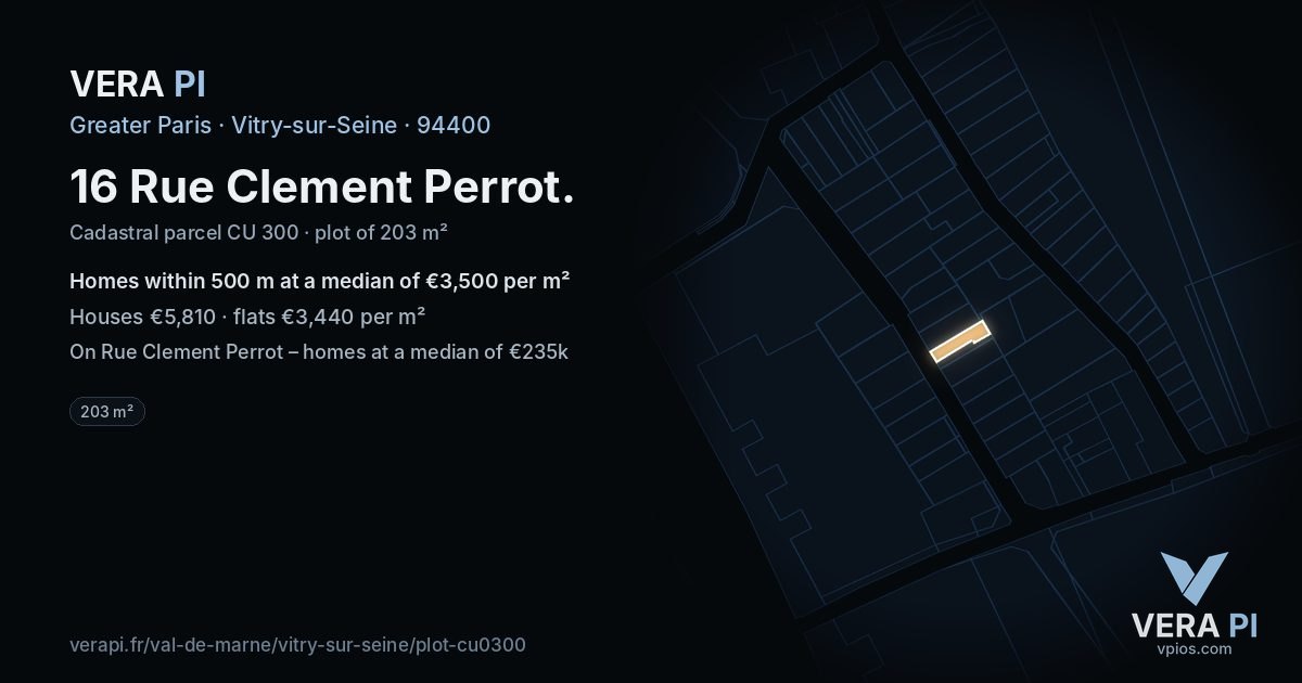 16 Rue Clement Perrot, Vitry-sur-Seine at night – the plot lit, the parcels around coloured by the prices near them