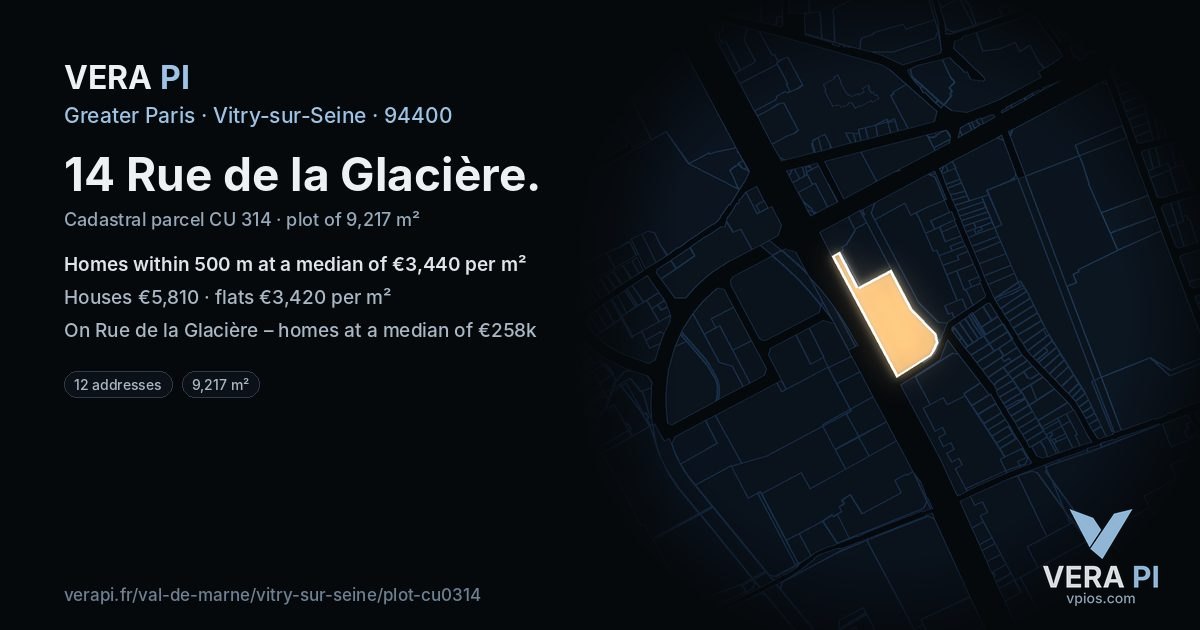 14 Rue de la Glacière, Vitry-sur-Seine at night – the plot lit, the parcels around coloured by the prices near them