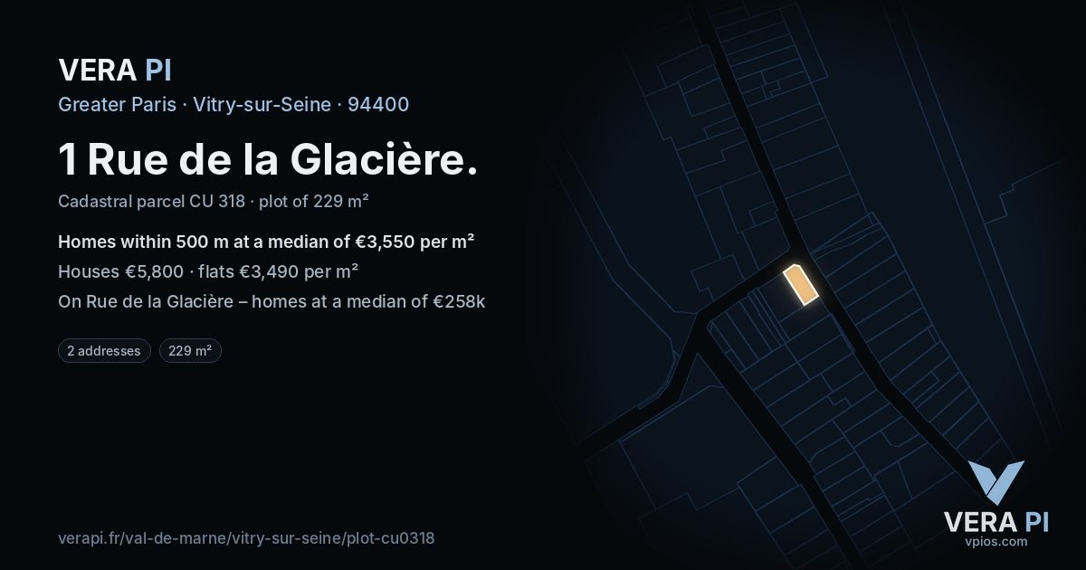 1 Rue de la Glacière, Vitry-sur-Seine at night – the plot lit, the parcels around coloured by the prices near them