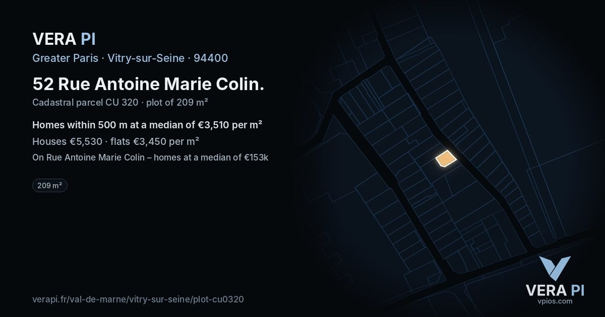 52 Rue Antoine Marie Colin, Vitry-sur-Seine at night – the plot lit, the parcels around coloured by the prices near them