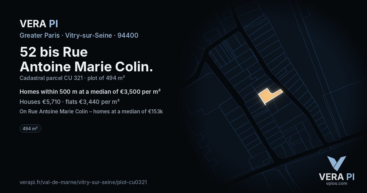 52 bis Rue Antoine Marie Colin, Vitry-sur-Seine at night – the plot lit, the parcels around coloured by the prices near them