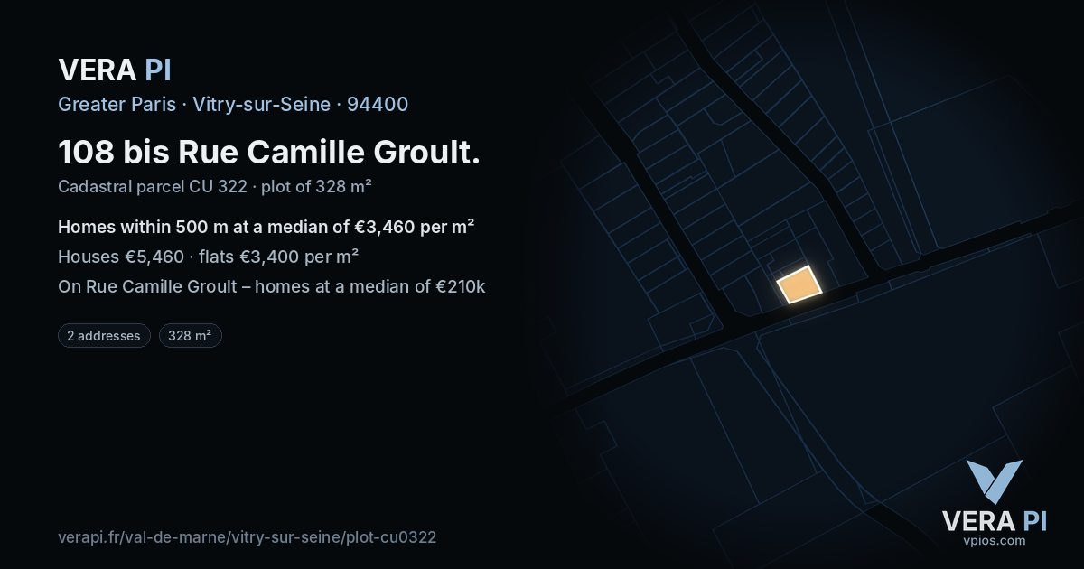 108 bis Rue Camille Groult, Vitry-sur-Seine at night – the plot lit, the parcels around coloured by the prices near them