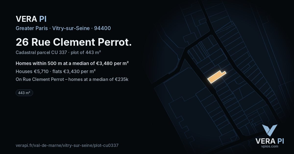 26 Rue Clement Perrot, Vitry-sur-Seine at night – the plot lit, the parcels around coloured by the prices near them