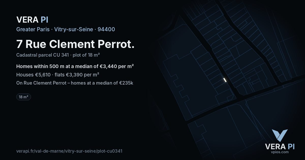 7 Rue Clement Perrot, Vitry-sur-Seine at night – the plot lit, the parcels around coloured by the prices near them