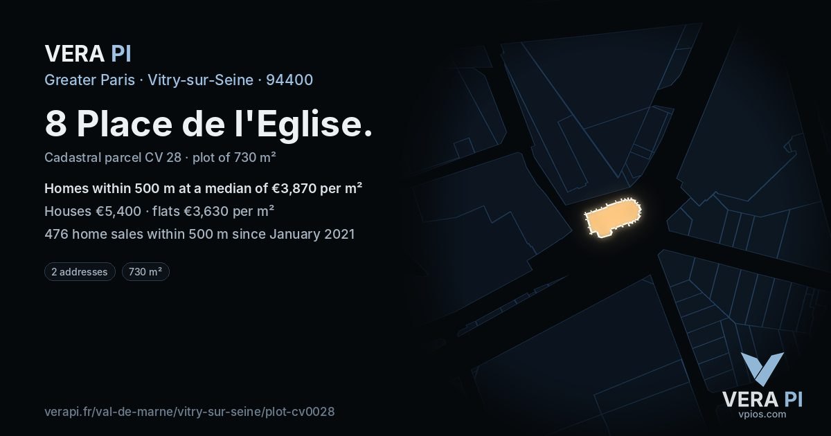 8 Place de l'Eglise, Vitry-sur-Seine at night – the plot lit, the parcels around coloured by the prices near them