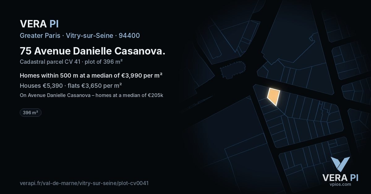 75 Avenue Danielle Casanova, Vitry-sur-Seine at night – the plot lit, the parcels around coloured by the prices near them