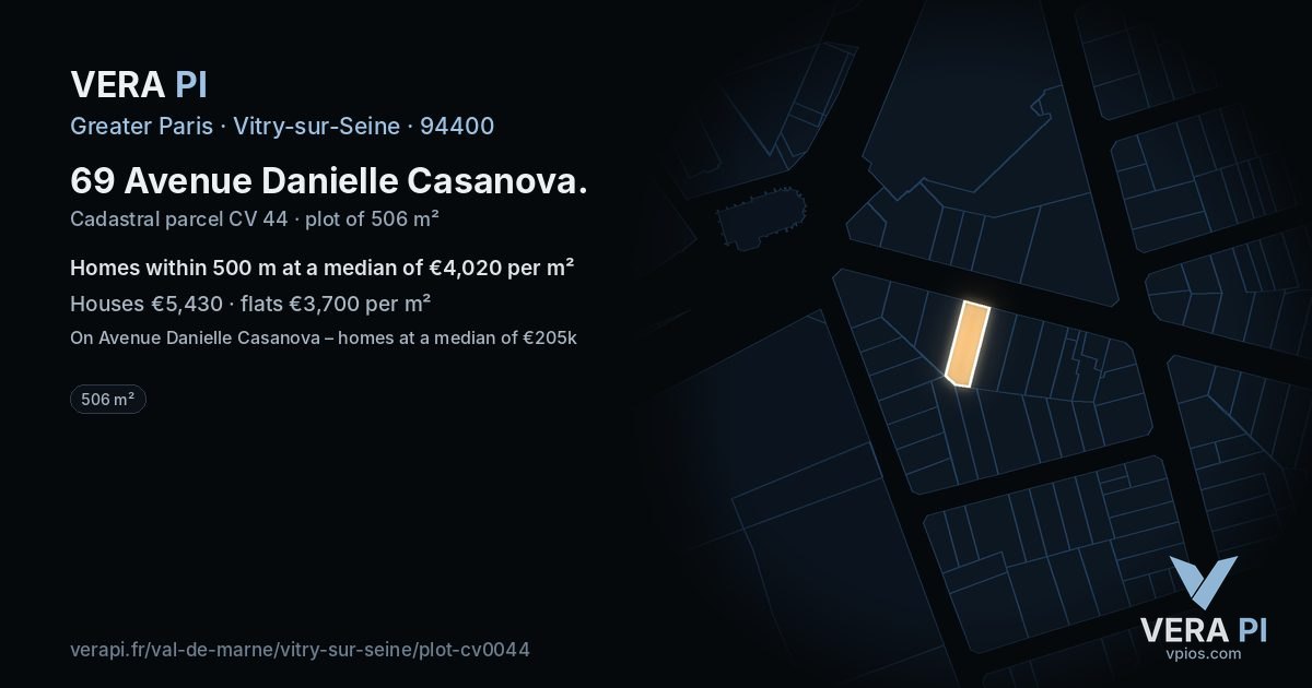 69 Avenue Danielle Casanova, Vitry-sur-Seine at night – the plot lit, the parcels around coloured by the prices near them