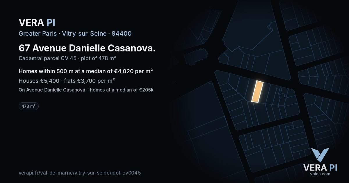 67 Avenue Danielle Casanova, Vitry-sur-Seine at night – the plot lit, the parcels around coloured by the prices near them