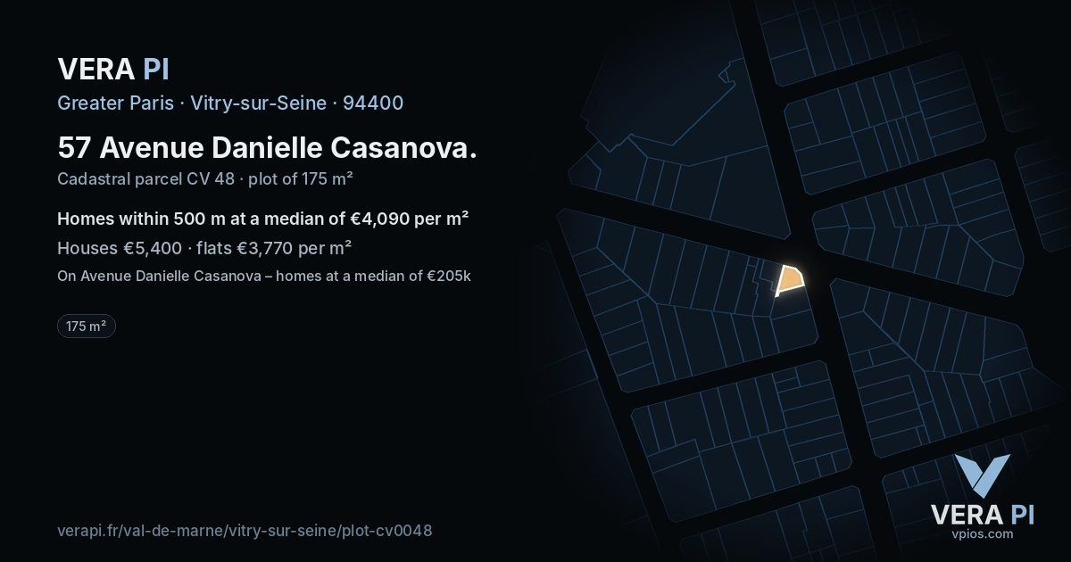 57 Avenue Danielle Casanova, Vitry-sur-Seine at night – the plot lit, the parcels around coloured by the prices near them