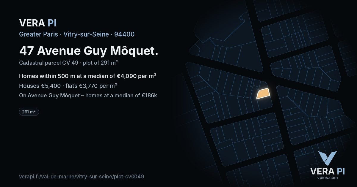 47 Avenue Guy Môquet, Vitry-sur-Seine at night – the plot lit, the parcels around coloured by the prices near them