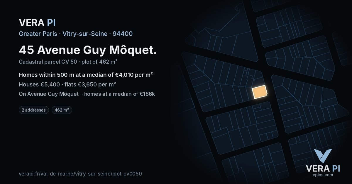 45 Avenue Guy Môquet, Vitry-sur-Seine at night – the plot lit, the parcels around coloured by the prices near them