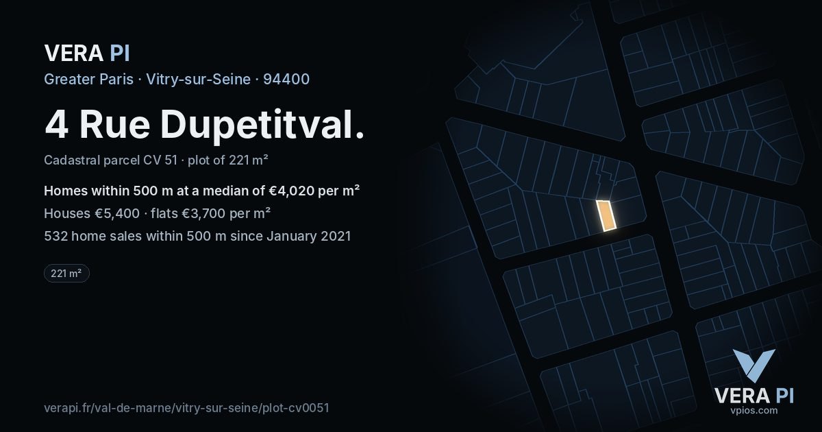 4 Rue Dupetitval, Vitry-sur-Seine at night – the plot lit, the parcels around coloured by the prices near them