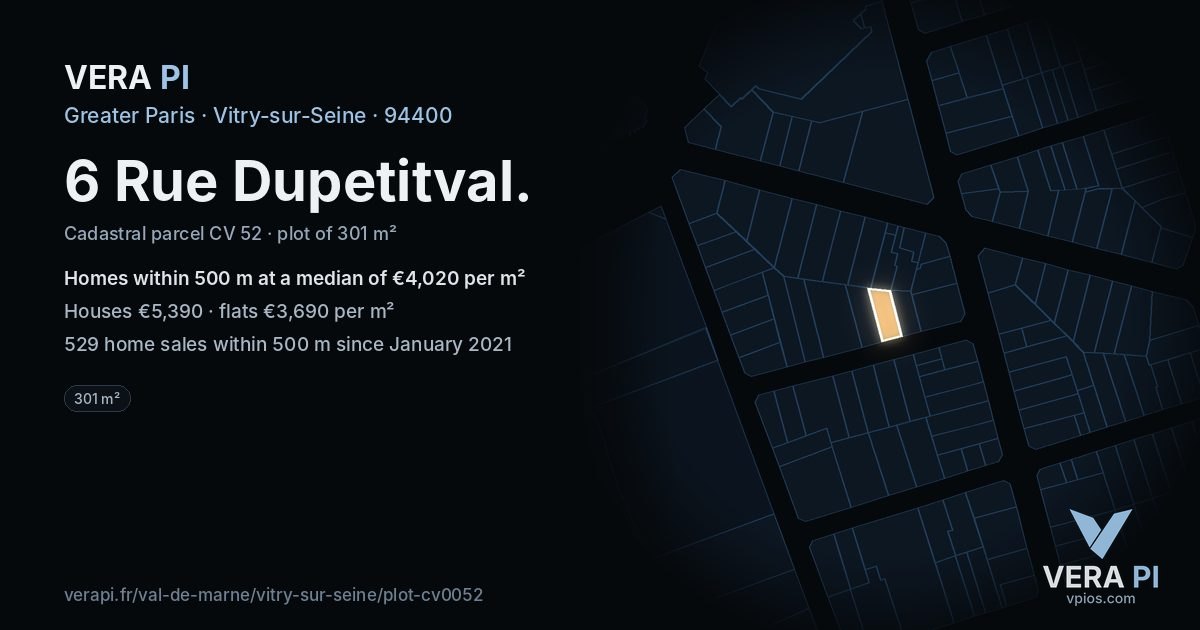 6 Rue Dupetitval, Vitry-sur-Seine at night – the plot lit, the parcels around coloured by the prices near them