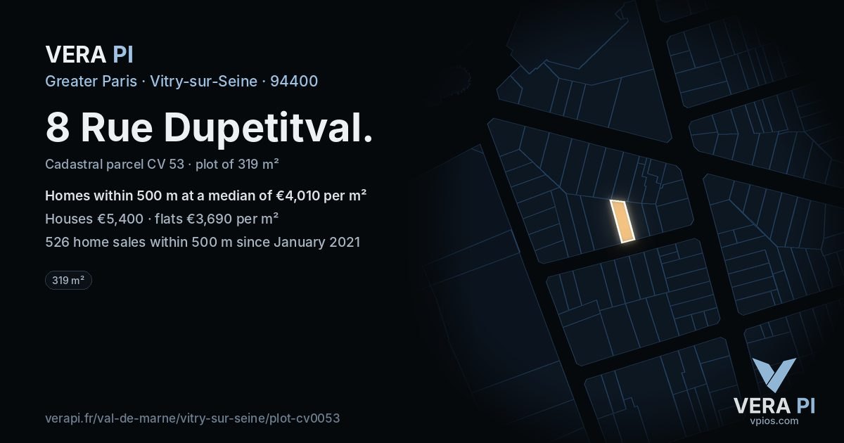 8 Rue Dupetitval, Vitry-sur-Seine at night – the plot lit, the parcels around coloured by the prices near them