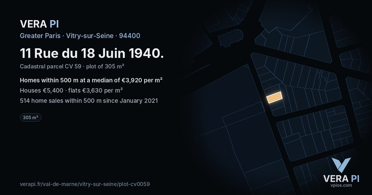 11 Rue du 18 Juin 1940, Vitry-sur-Seine at night – the plot lit, the parcels around coloured by the prices near them