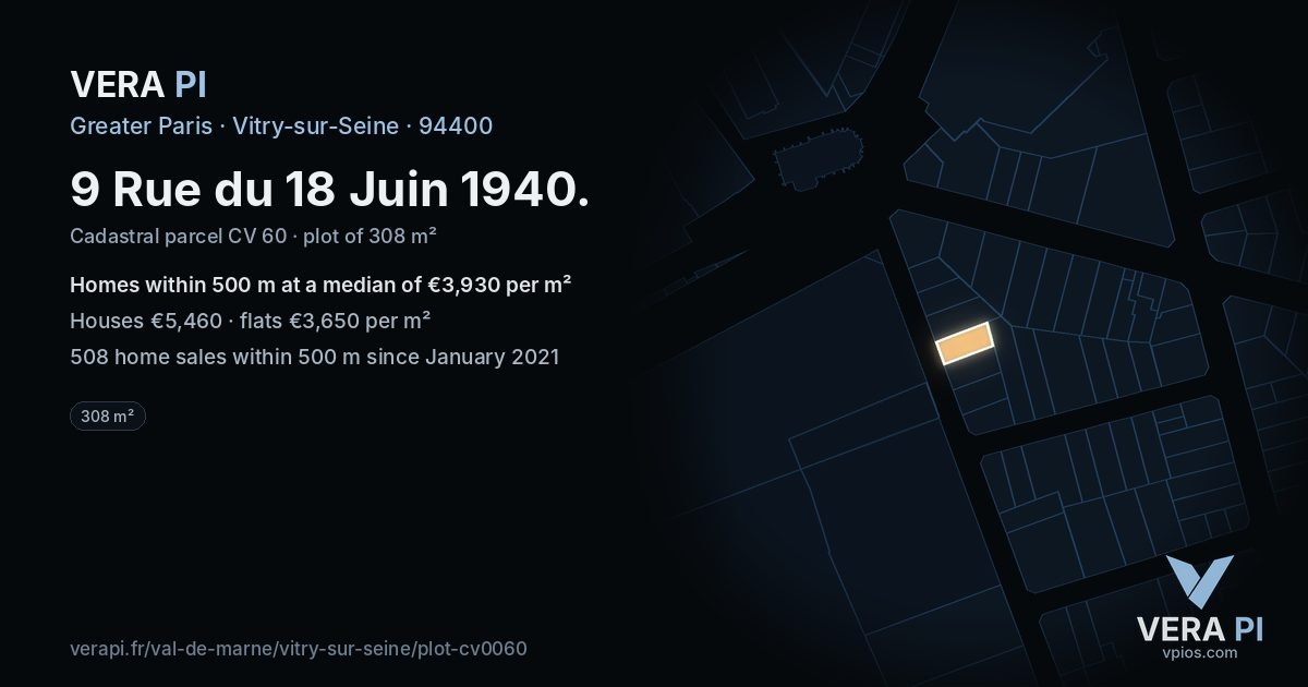 9 Rue du 18 Juin 1940, Vitry-sur-Seine at night – the plot lit, the parcels around coloured by the prices near them