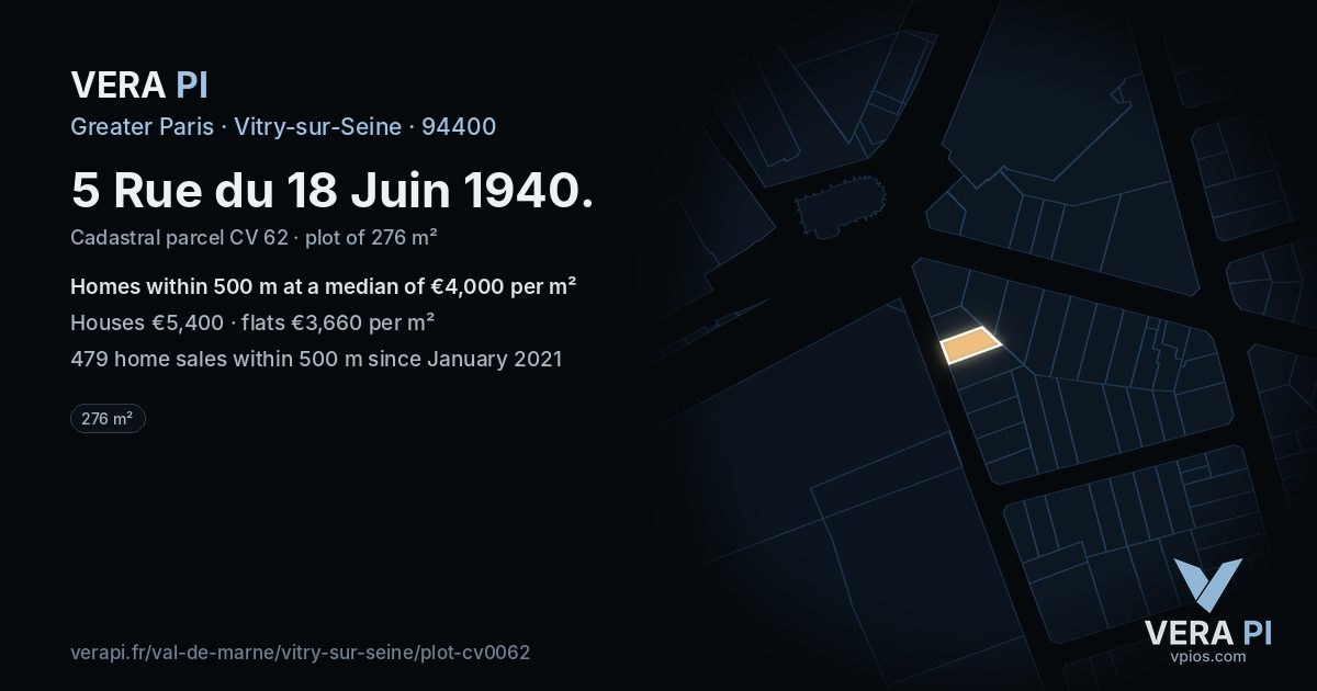 5 Rue du 18 Juin 1940, Vitry-sur-Seine at night – the plot lit, the parcels around coloured by the prices near them