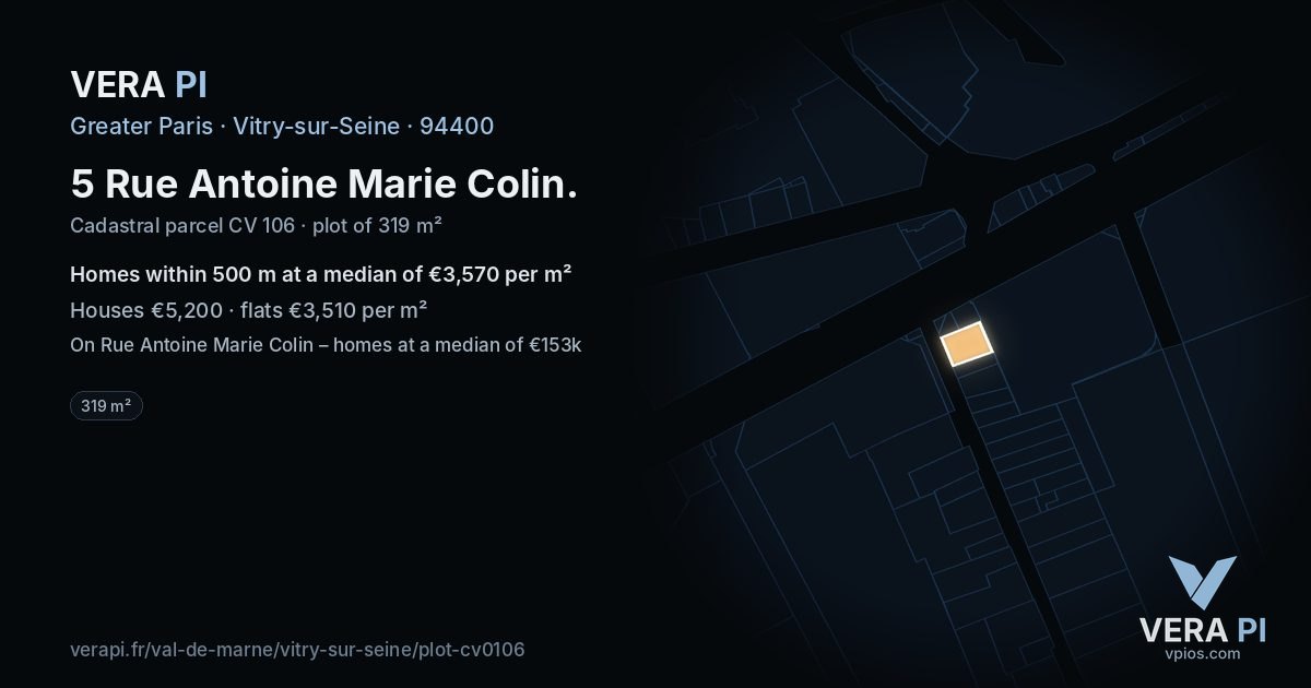 5 Rue Antoine Marie Colin, Vitry-sur-Seine at night – the plot lit, the parcels around coloured by the prices near them