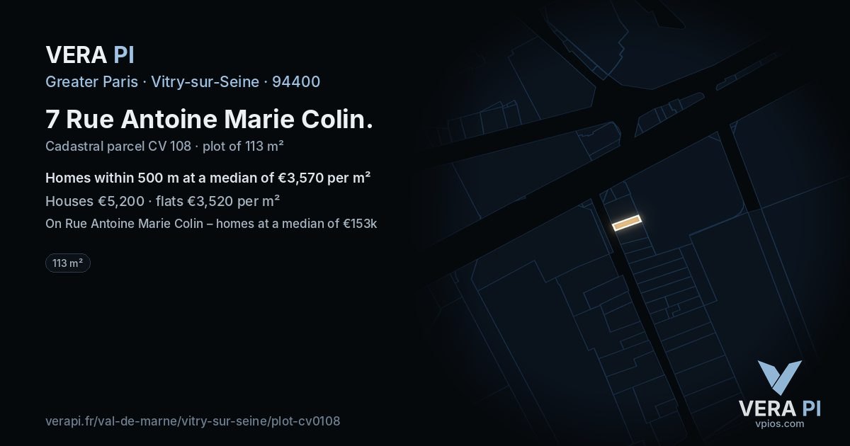 7 Rue Antoine Marie Colin, Vitry-sur-Seine at night – the plot lit, the parcels around coloured by the prices near them