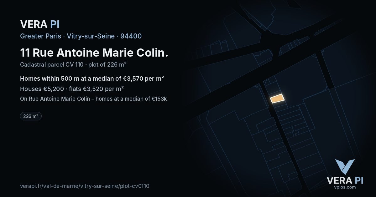 11 Rue Antoine Marie Colin, Vitry-sur-Seine at night – the plot lit, the parcels around coloured by the prices near them