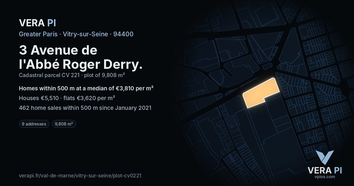 3 Avenue de l'Abbé Roger Derry, Vitry-sur-Seine at night – the plot lit, the parcels around coloured by the prices near them