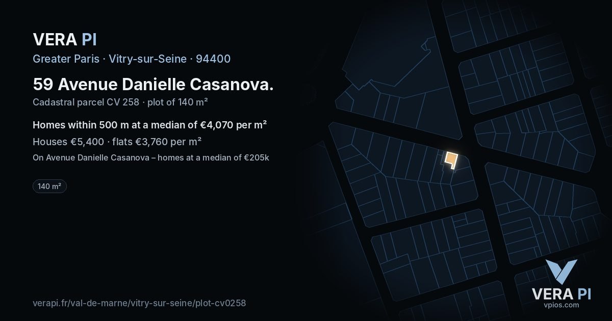 59 Avenue Danielle Casanova, Vitry-sur-Seine at night – the plot lit, the parcels around coloured by the prices near them