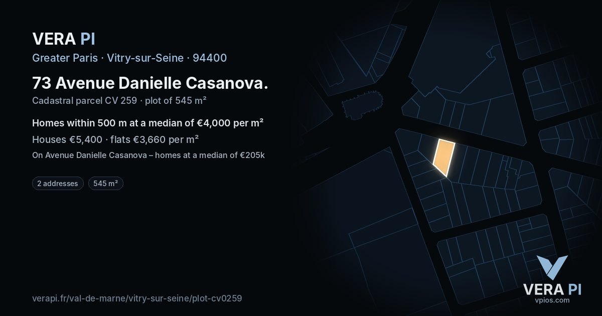 73 Avenue Danielle Casanova, Vitry-sur-Seine at night – the plot lit, the parcels around coloured by the prices near them