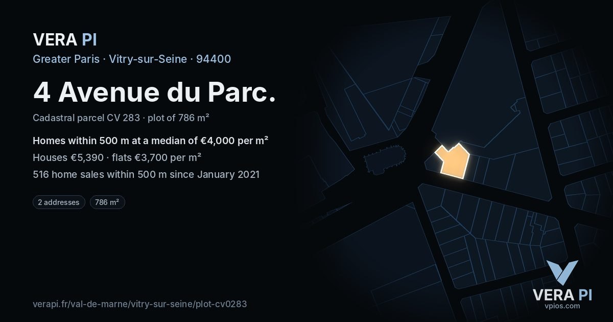 4 Avenue du Parc, Vitry-sur-Seine at night – the plot lit, the parcels around coloured by the prices near them