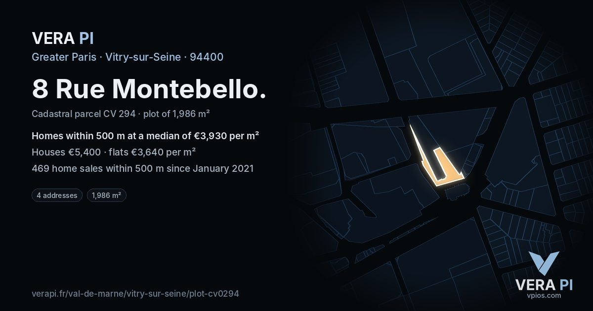 8 Rue Montebello, Vitry-sur-Seine at night – the plot lit, the parcels around coloured by the prices near them