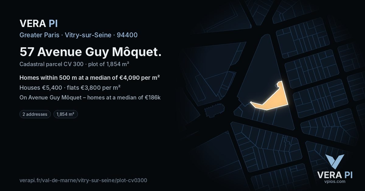 57 Avenue Guy Môquet, Vitry-sur-Seine at night – the plot lit, the parcels around coloured by the prices near them