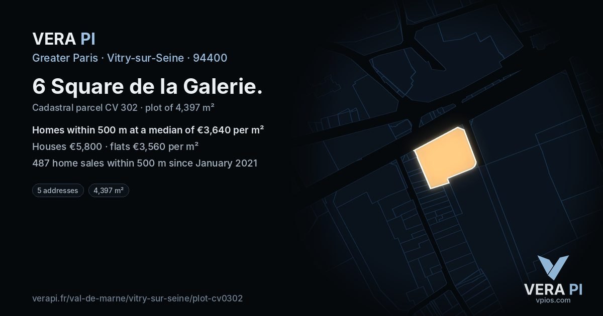 6 Square de la Galerie, Vitry-sur-Seine at night – the plot lit, the parcels around coloured by the prices near them