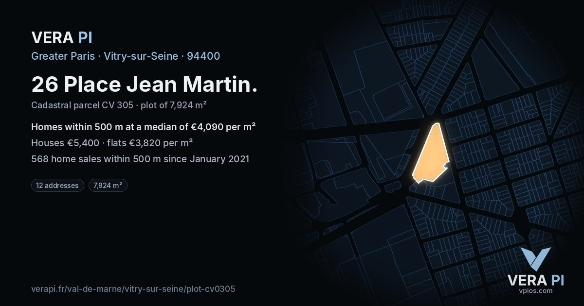 26 Place Jean Martin, Vitry-sur-Seine at night – the plot lit, the parcels around coloured by the prices near them