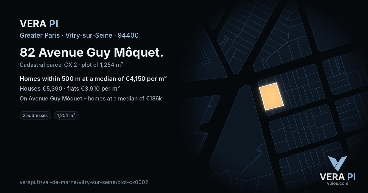 82 Avenue Guy Môquet, Vitry-sur-Seine at night – the plot lit, the parcels around coloured by the prices near them