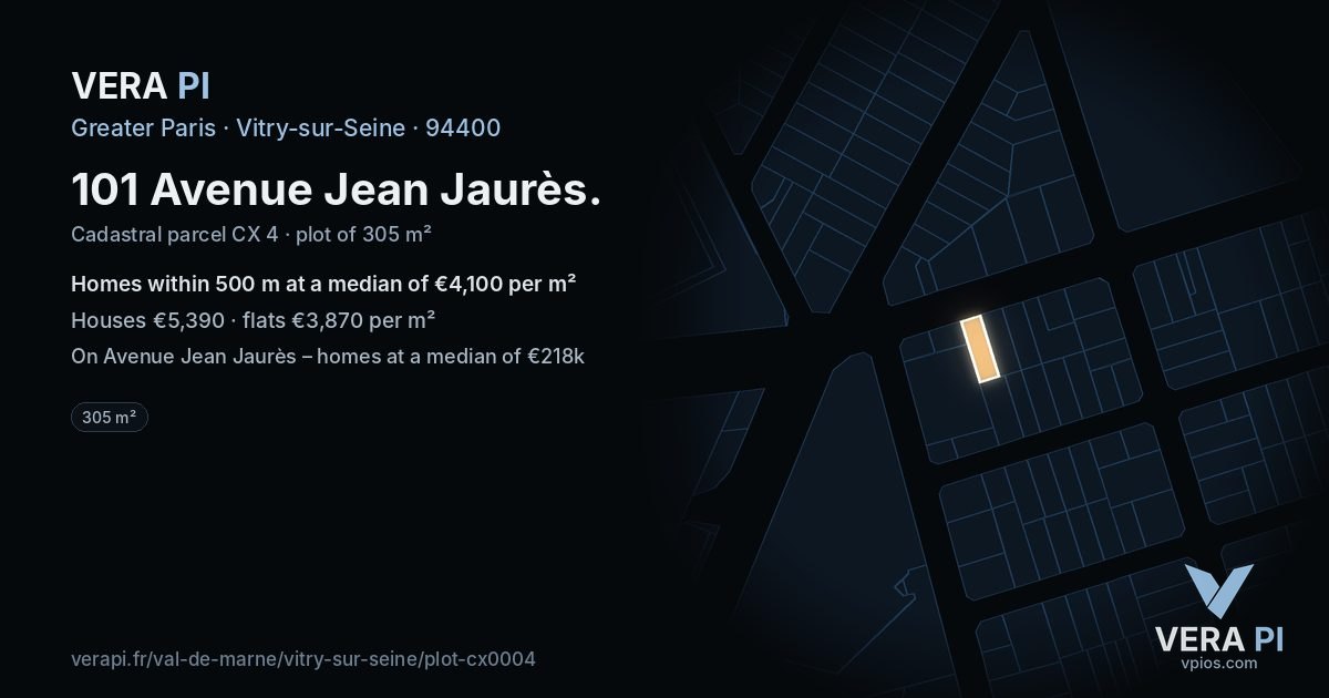 101 Avenue Jean Jaurès, Vitry-sur-Seine at night – the plot lit, the parcels around coloured by the prices near them