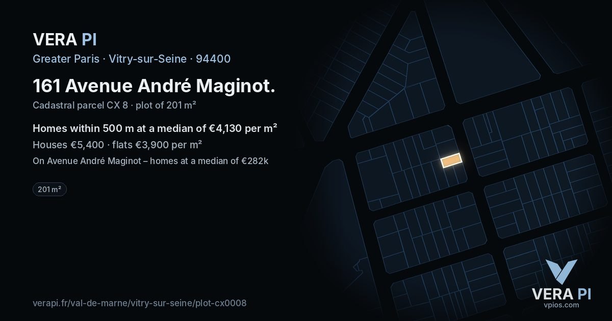 161 Avenue André Maginot, Vitry-sur-Seine at night – the plot lit, the parcels around coloured by the prices near them