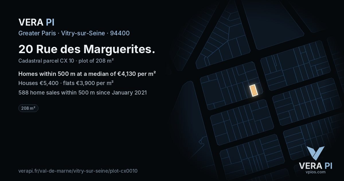 20 Rue des Marguerites, Vitry-sur-Seine at night – the plot lit, the parcels around coloured by the prices near them