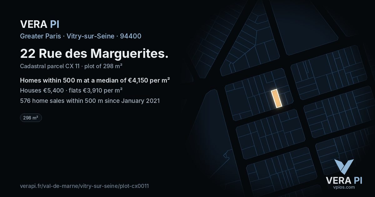 22 Rue des Marguerites, Vitry-sur-Seine at night – the plot lit, the parcels around coloured by the prices near them