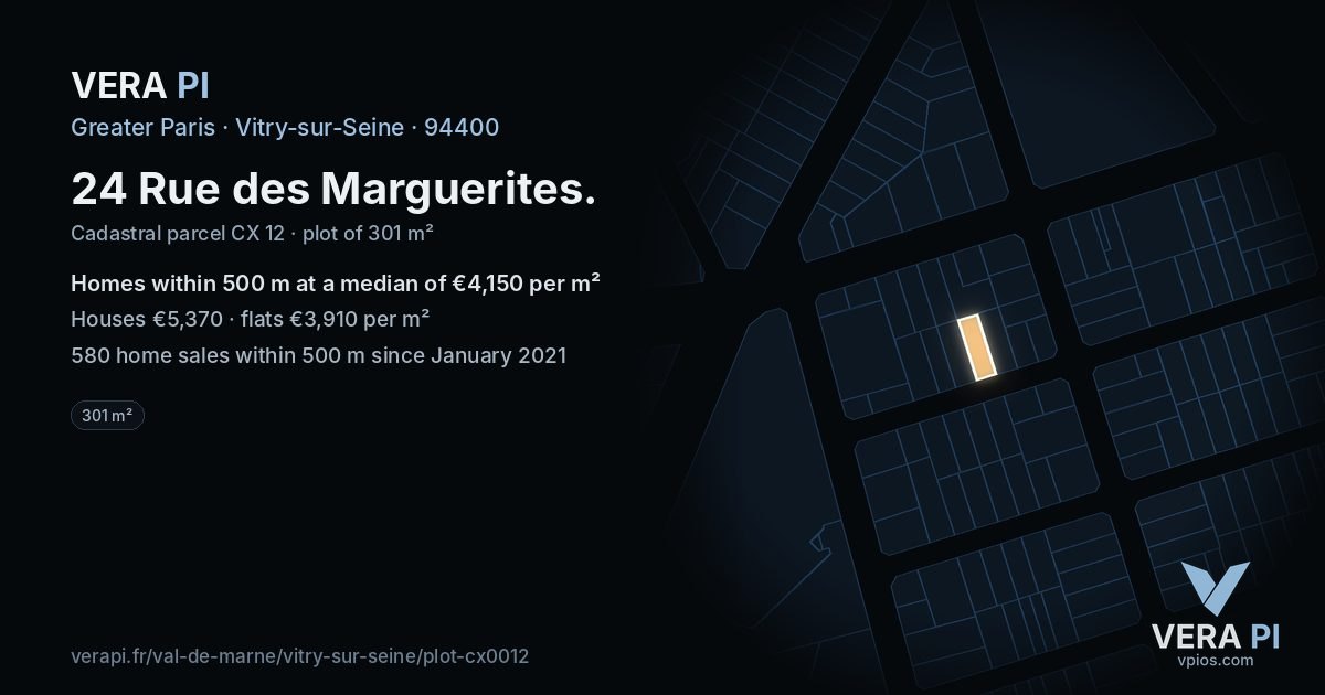 24 Rue des Marguerites, Vitry-sur-Seine at night – the plot lit, the parcels around coloured by the prices near them