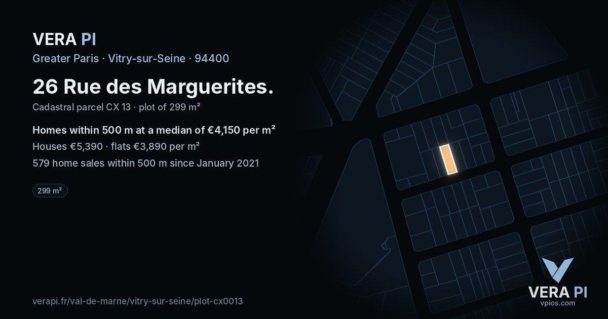 26 Rue des Marguerites, Vitry-sur-Seine at night – the plot lit, the parcels around coloured by the prices near them