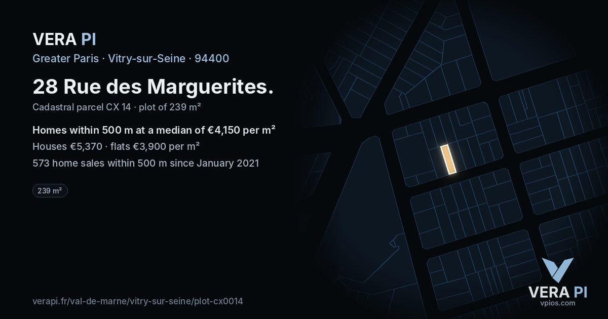 28 Rue des Marguerites, Vitry-sur-Seine at night – the plot lit, the parcels around coloured by the prices near them