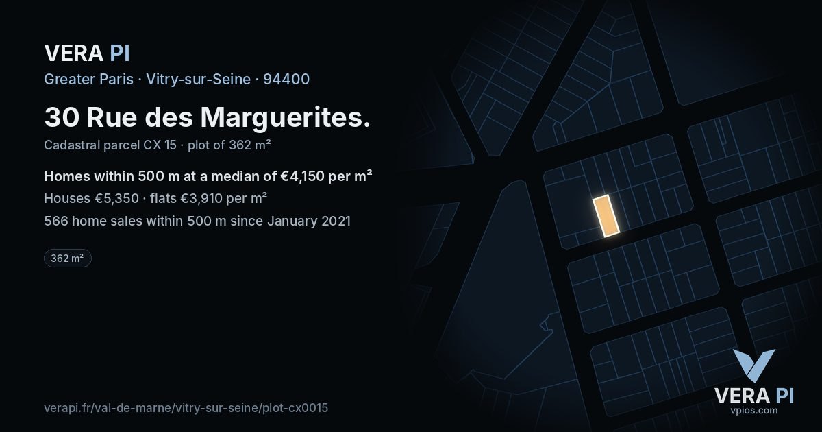 30 Rue des Marguerites, Vitry-sur-Seine at night – the plot lit, the parcels around coloured by the prices near them