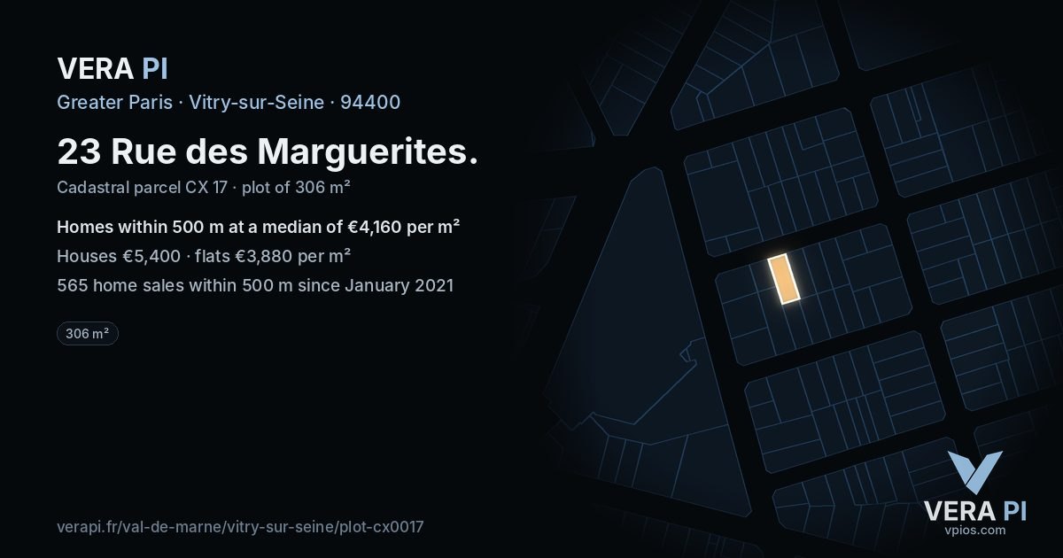 23 Rue des Marguerites, Vitry-sur-Seine at night – the plot lit, the parcels around coloured by the prices near them