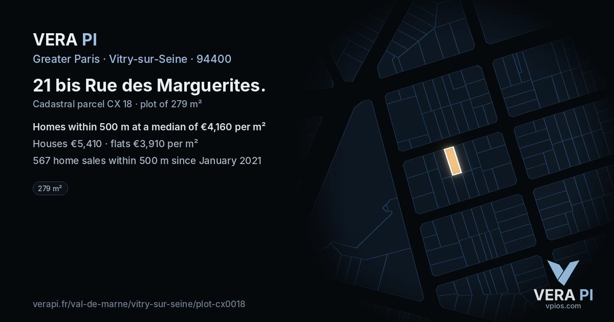 21 bis Rue des Marguerites, Vitry-sur-Seine at night – the plot lit, the parcels around coloured by the prices near them