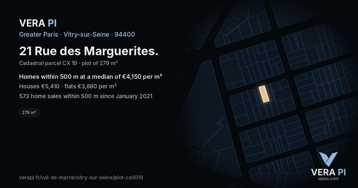 21 Rue des Marguerites, Vitry-sur-Seine at night – the plot lit, the parcels around coloured by the prices near them