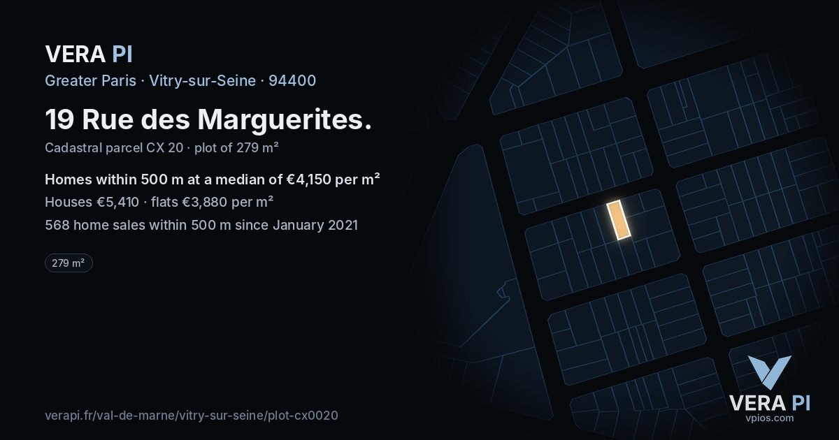 19 Rue des Marguerites, Vitry-sur-Seine at night – the plot lit, the parcels around coloured by the prices near them
