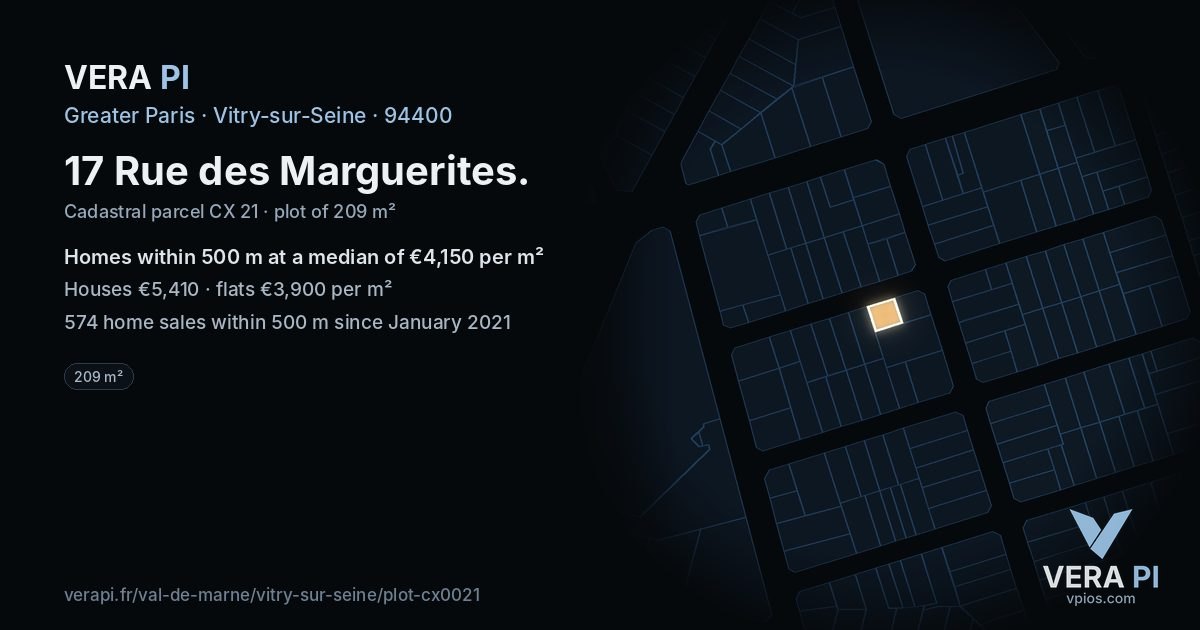 17 Rue des Marguerites, Vitry-sur-Seine at night – the plot lit, the parcels around coloured by the prices near them