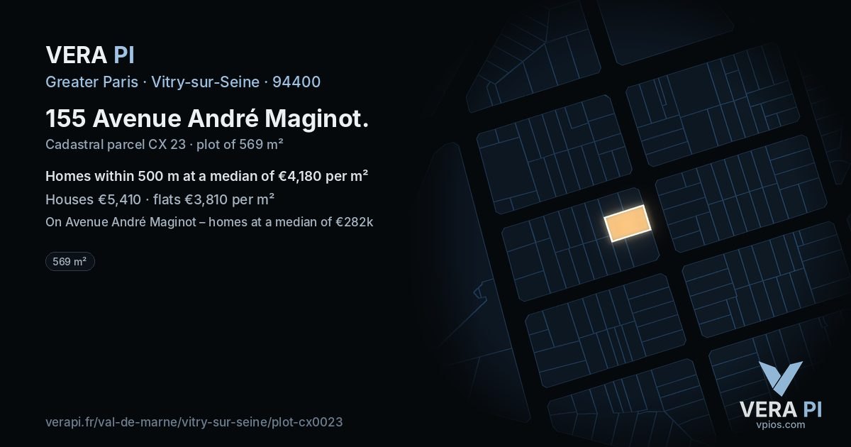 155 Avenue André Maginot, Vitry-sur-Seine at night – the plot lit, the parcels around coloured by the prices near them