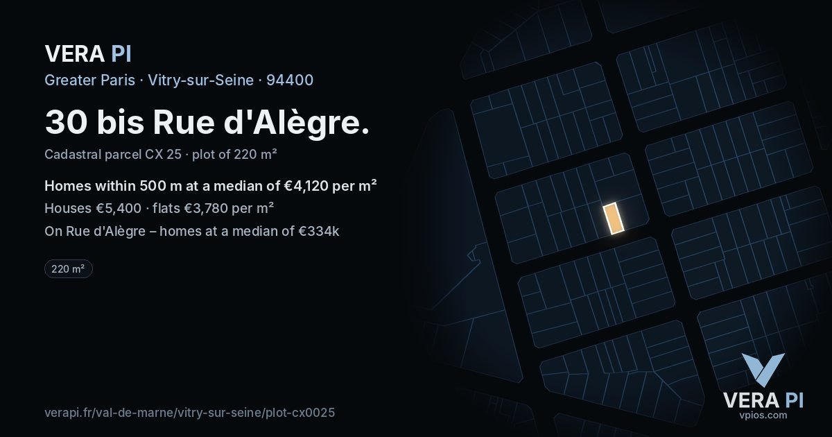 30 bis Rue d'Alègre, Vitry-sur-Seine at night – the plot lit, the parcels around coloured by the prices near them