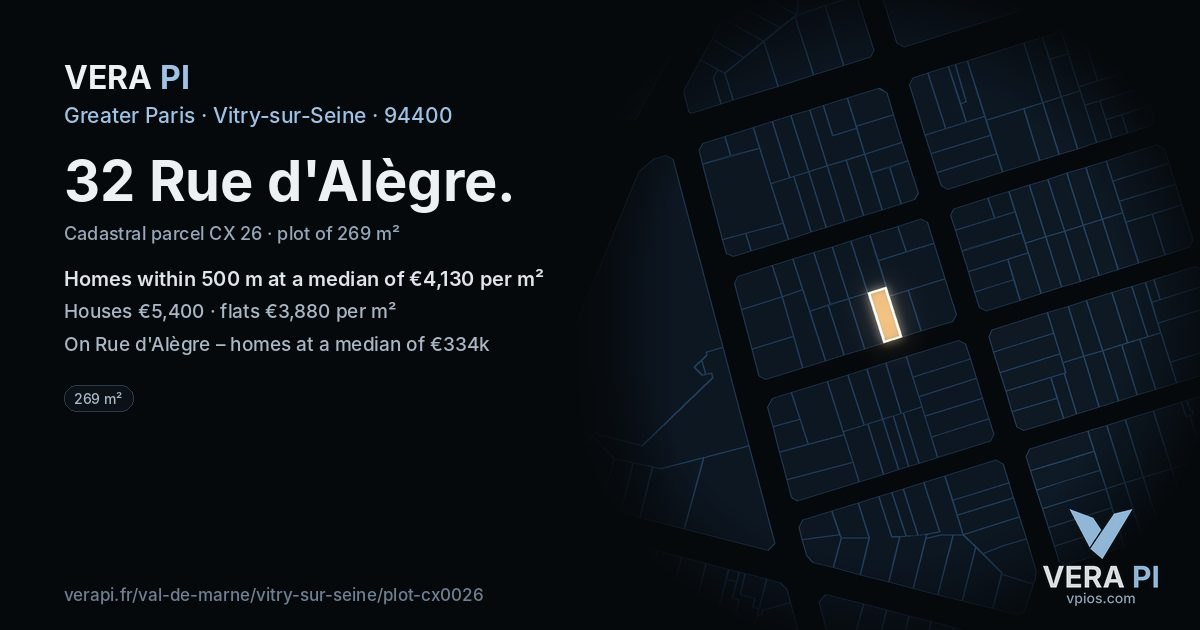 32 Rue d'Alègre, Vitry-sur-Seine at night – the plot lit, the parcels around coloured by the prices near them